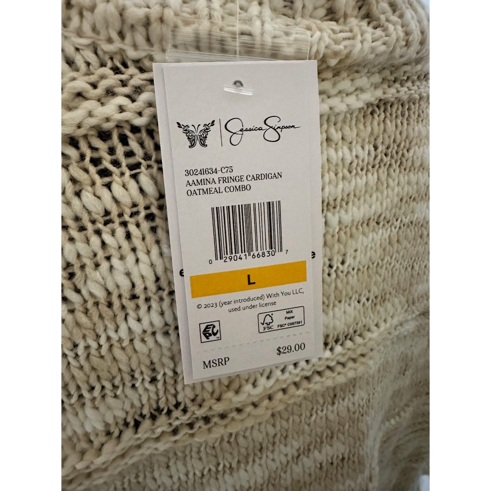 Jessica Simpson Aamina Fringe Cardigan Oatmeal Knit V-Neck Button Front Size L - Picture 6 of 7